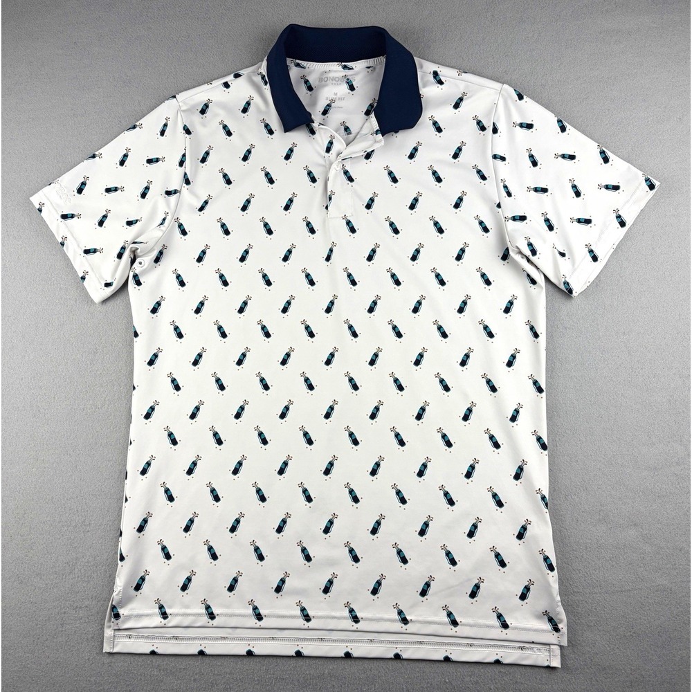 Bonobos Golf Men's Slim Fit Polo Shirt M White Blue Golf Clubs Print Stretch